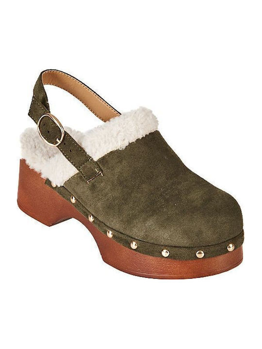 Suede Mules με Χοντρό Χαμηλό Τακούνι σε Πράσινο Χρώμα