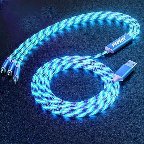 Ptplife Син LED Течащ Зареждащ Кабел Мулти 3 В 1 Син 1,2м