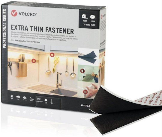 Velcro Extra Thin Fastener Self-Adhesive Hook & Loop Tape Black 20mmx25m 1pcs