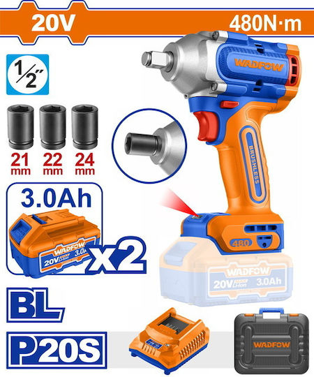 Wadfow WCD1B48 Brushless Impact Wrench Battery 20V 2x3Ah with Socket 1/2"