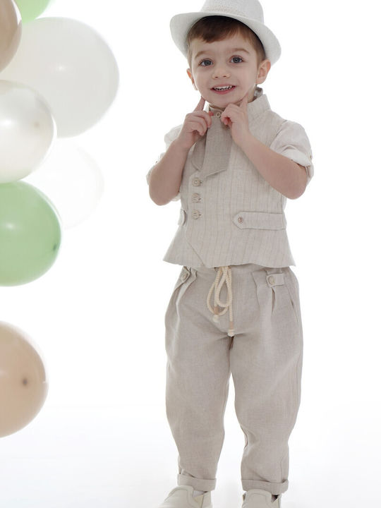 Mi Chiamo Baptism Suit with Vest for Boys Linen Beige A4767