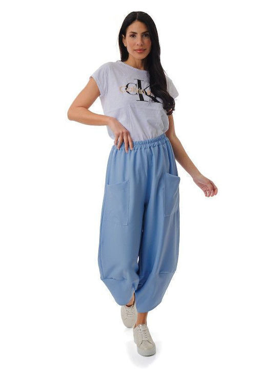 Pantaloni cu crac larg, albastru deschis