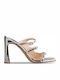 Leather Mules with Chunky High Heel in Silver Color