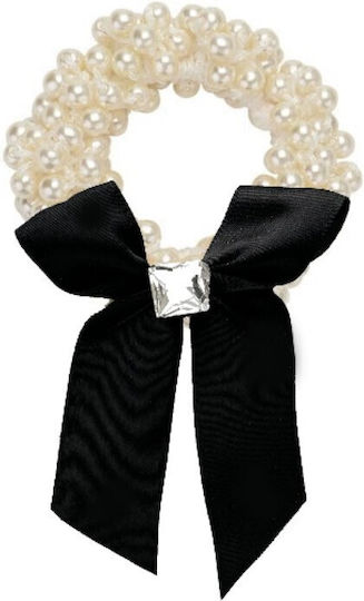 Elastic Hair Tie Pearls & Satin Bow Black