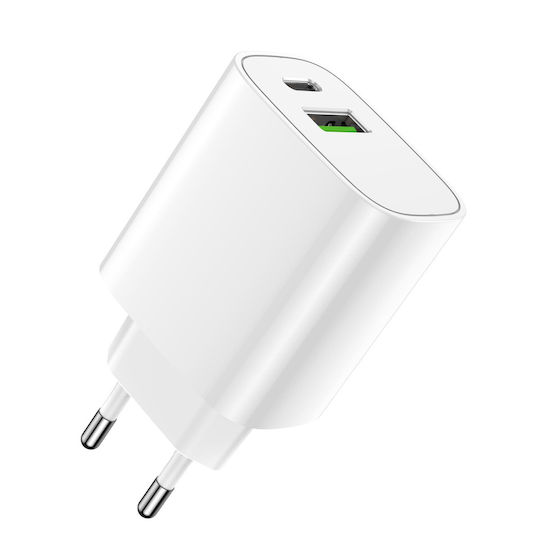 Forever Φορτιστής Χωρίς Καλώδιο με Θύρα USB-A και Θύρα USB-C 20W Power Delivery / Quick Charge 3.0 Λευκός (LS-04)