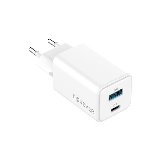 Forever Φορτιστής Χωρίς Καλώδιο GaN με Θύρα USB-A και Θύρα USB-C 45W Power Delivery Λευκός (TC-08-45AC)