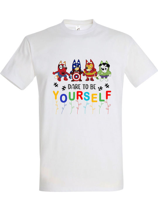 Kids' T-shirt White Bluey, Super Heroes, Dare To Be Yourself