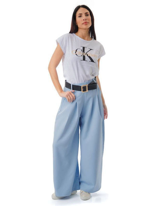 Pantaloni cu crac larg de culoare albastru desc...
