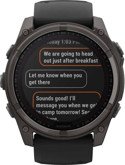 Garmin Fenix 8 Solar Титан 51мм Водоустойчив Смартчасовник с Пулсомер (Sapphire, Carbon Grey Dlc Titanium With Black/pebble Grey Silicone Band)