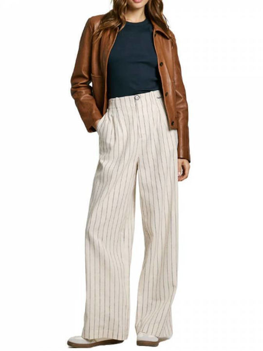 Herly Women's High-waisted Linen Trousers Striped White