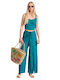 Damen Stoff Hose mit Gummizug Türkis