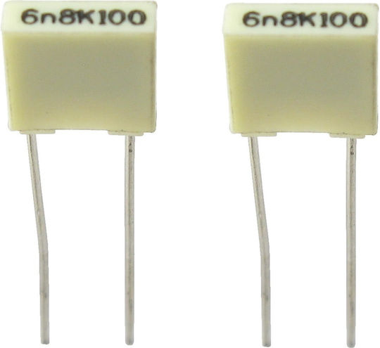 2 броя кондензатори Mkt 6.8nf 100VDC 63VAC; 10%; Разстояние между крачетата: 5mm; Kemet; 6.8nf 100VDC полиестерен филмов кондензатор 6800pf 0.0068uf