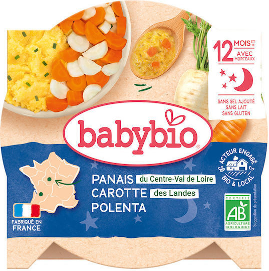 Babybio Meniu bebelusi cu Aromă de Păstârnac - Morcov și Mămăligă 230gr pentru 12+ Luni