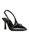 Patent Leather Pointed Toe Black Heels with Strap