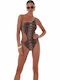 One-Piece Swimsuit with Cutouts & One Shoulder Animal Print BROWN