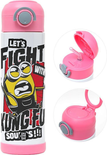 Koupakoupa Minions Let's Fight With Kung Fu Sounds Kids Water Bottle Minions Stainless Steel with Straw Pink 500ml