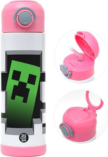 Koupakoupa Minecraft Creeper Παιδικό Παγούρι Minecraft Ανοξείδωτο με Καλαμάκι Ροζ 500ml
