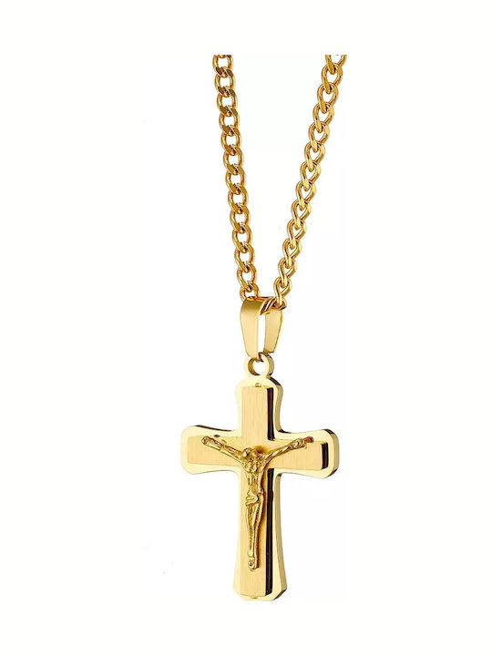Oxzen Men's Cross from Gold Plated Steel with Chain