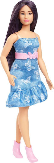 Barbie Fashionistas Doll Fashionistas Down Syndrome, Purple Hair, Butterfly Print Strapless Denim Dress, Pink Belt and Boots for 3+ years+ Years
