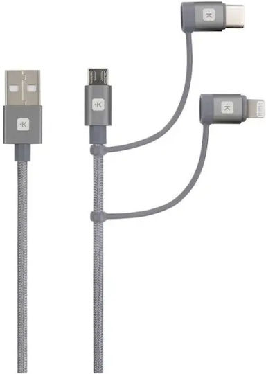 Skross 3 In 1 Cable Usb-a Usb-c Lightning Micro Usb Metal Braided 0.3 M