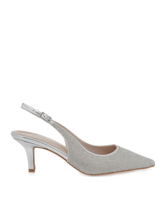 Synthetic Leather Silver Medium Heels with Strap