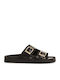 Leather Women's Flat Sandals in Black Color