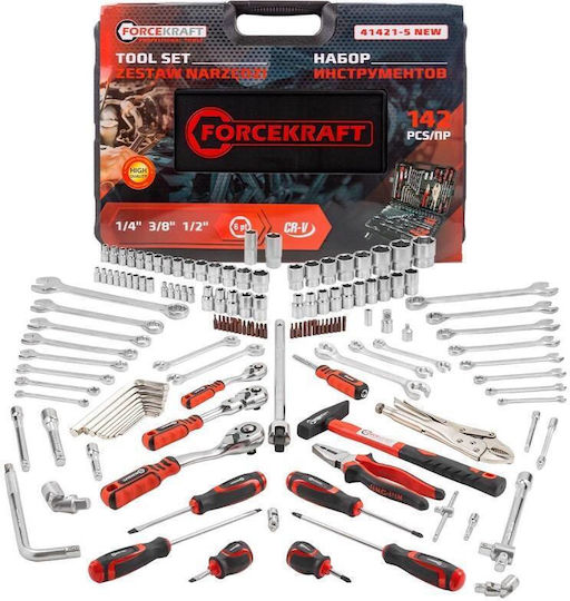 142-частов комплект гнезда 1/4'' 3/8'' 1/2'' Forcekraft Fk-41421-5 Нов