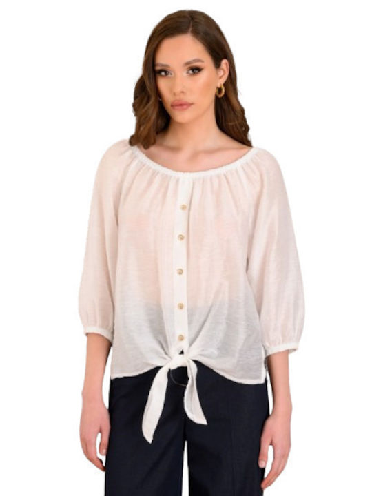 Women's Blouse with 3/4 Sleeve & Boat Neckline Ecru