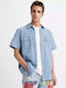 Western Short Sleeve Denim Shirt in Wide Line Blue
