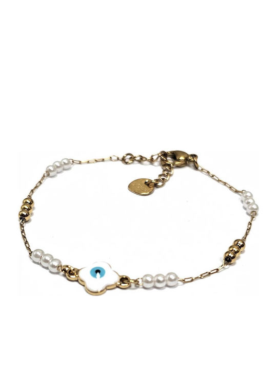 Isay Collection Damen Armband Kette mit Design Auge aus Stahl Vergoldet mit Perlen