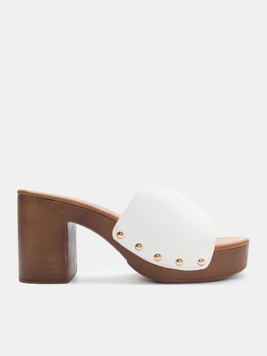 Luigi Mules with Chunky High Heel in White Color