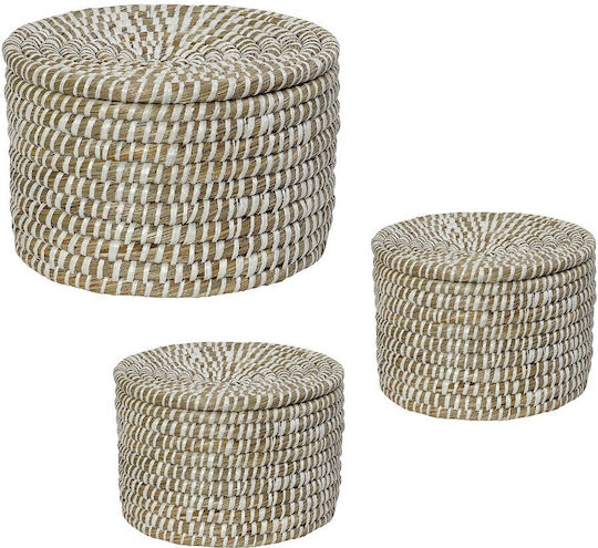 Set de 3 coșuri rotunde cu capac Espiel, din plastic și iută, 35x25 30x21 25x17cm Cod Kag413