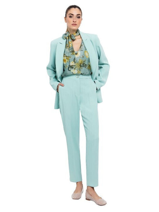Women's High-waisted Fabric Trousers with Elastic Loose Fit Bay Leaf Mint