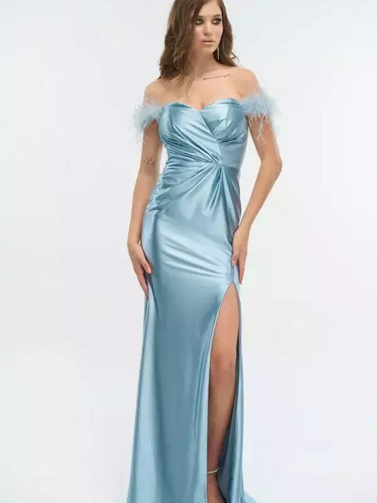 Maxi Dress for Wedding - Christening Satin Off-Shoulder Light Blue