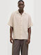 Short-sleeved Cotton Shirt in Wide Line Oatmeal