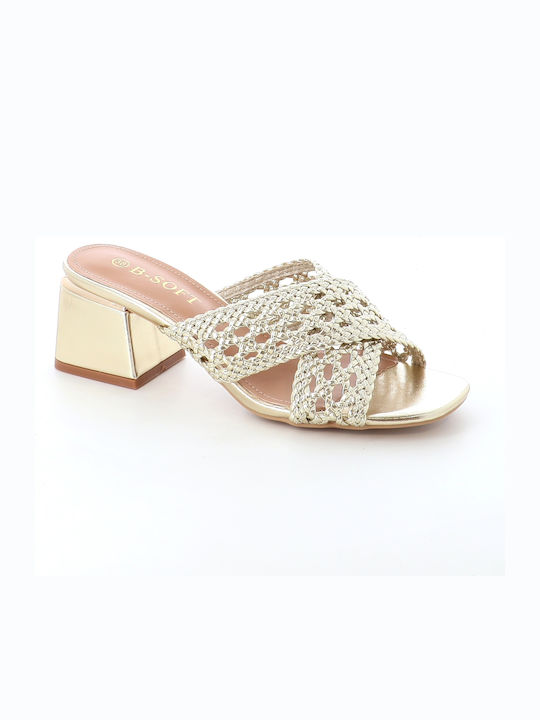 B-Soft Mules με Χοντρό Χαμηλό Τακούνι σε Χρυσό ...