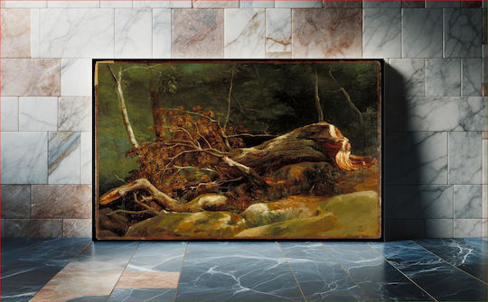 Πίνακας Plant-covered Boulders In Foreground A Large Branch Tree Has Broken Off Lays Atop Boulders Brown Dying Leaves Toward Left Background; Lush Dense Forest Spotted By Birch Trees At Background 120x80
