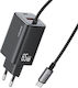 Usams Charger with Built-in Cable GaN with USB-A Port and USB-C Port USB-C 65W Blacks (CC266)