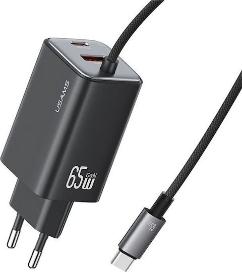 Usams Charger with Built-in Cable GaN with USB-A Port and USB-C Port USB-C 65W Blacks (CC266)