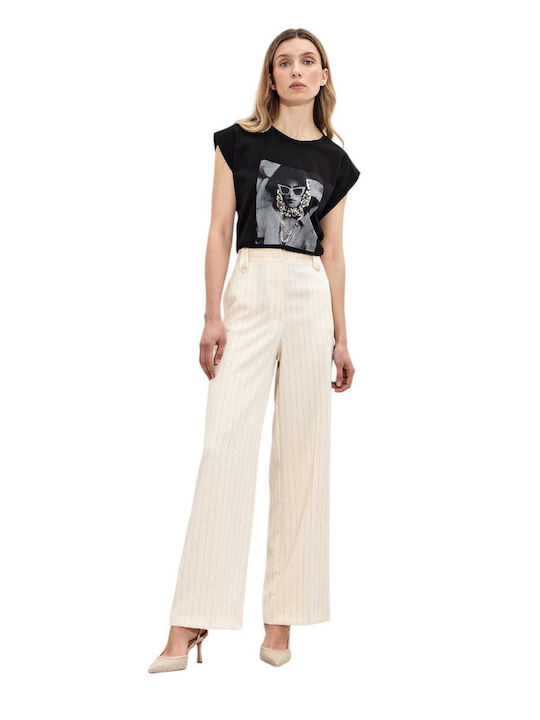 Femei Talie înaltă Din material textil Pantaloni Cu dungi Ecru