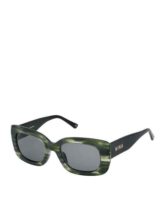 Nina Ricci Women's Sunglasses with Green Plastic Frame and Gray Lens
