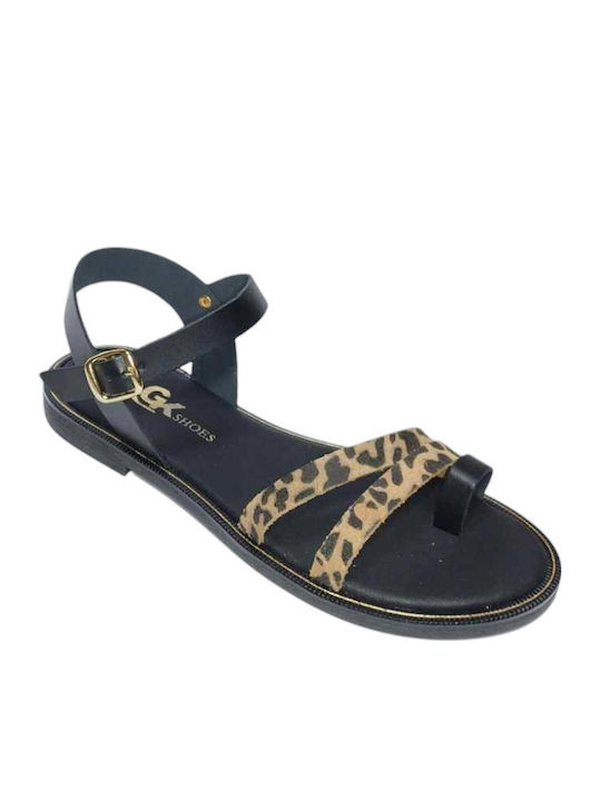 Leather Women's Flat Sandals in Black Color