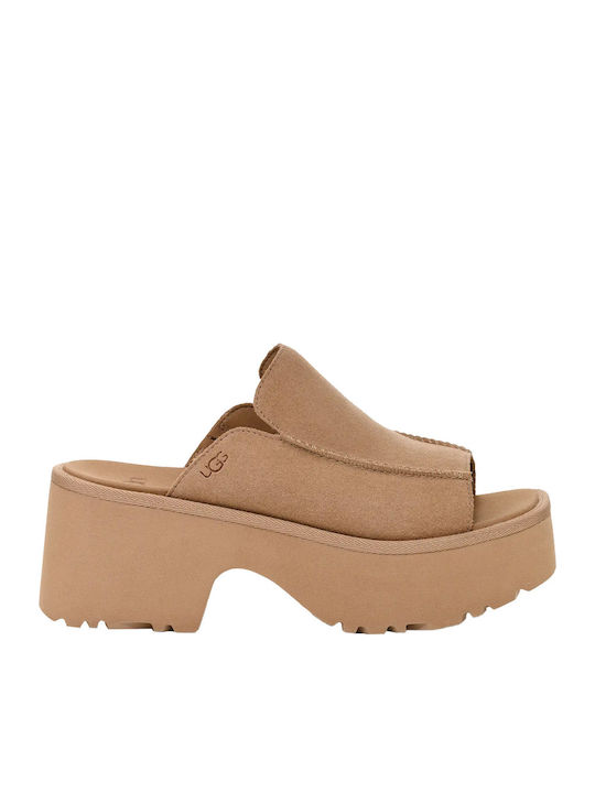 New Heights Slippers Suede Mules with Chunky High Heel in Beige Color