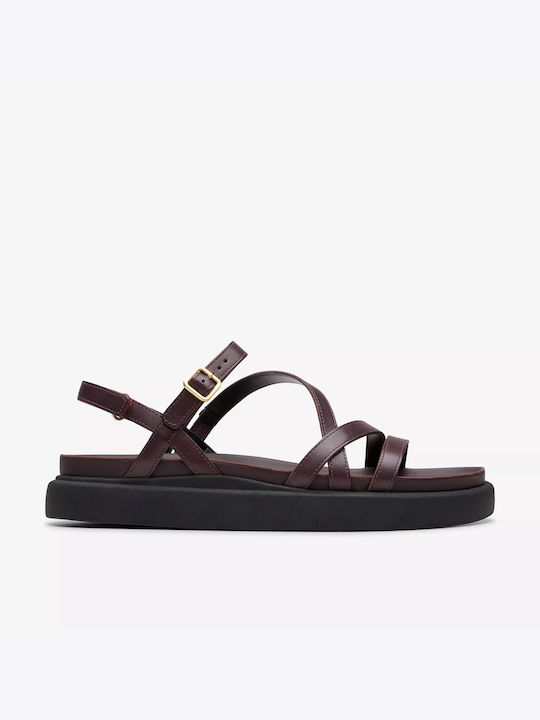Aristella Rose Leather Women's Flat Sandals with Strap in Burgundy Color
