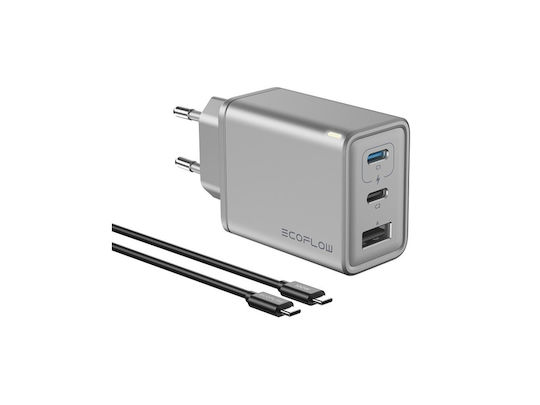 EcoFlow Incarcător GaN Cu Port USB-A Și 2 Porturi USB-C Și Cablu USB-C 65W Livrarea Energiei Argintiu Rapid