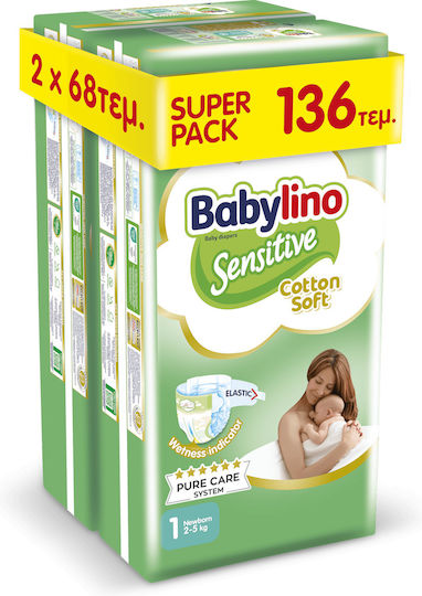 Babylino Πάνες με Αυτοκόλλητο Sensitive Cotton Soft Monthly Pack No. 1 για 2-5kg 136τμχ