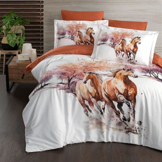First Choice Set Huse Pentru Pilote Bumbac Satinat 200x220cm Dublu Cu 4 Fețe De Pernă Și 1 Cearșaf Portocaliu