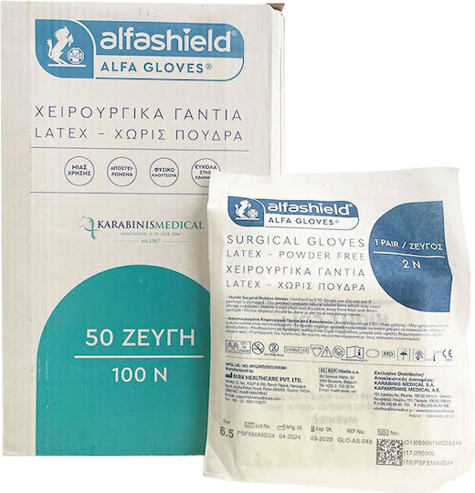Alfashield Χειρουργικά Γάντια Λάτεξ Χωρίς Πούδρα 100τμχ