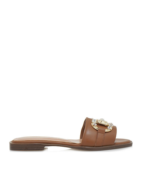 Leather Women's Flat Sandals in Tabac Brown Color