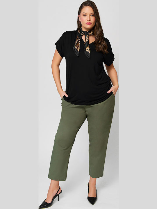 Women's Fabric Trousers with Rubber Band in Straight Leg Style Khaki